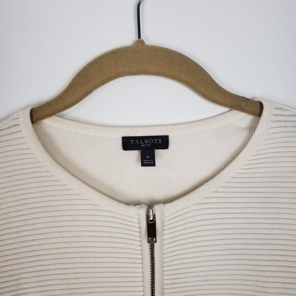 Talbots Ivory Ribbed Knit Peplum Sweater Jacket Full Zip Crew Neck Size PXS - Picture 3 of 5